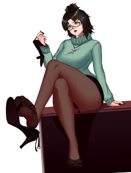 absurdres ana_xenakis anus anus_peek cross crossed_legs crucifix feet_up greek_toe highres jewelry original pantyhose ponytail pussy pussy_peek shoe_dangle shoes soles teacher toe_ring toes unworn_shoes upskirt wrinkled_feet