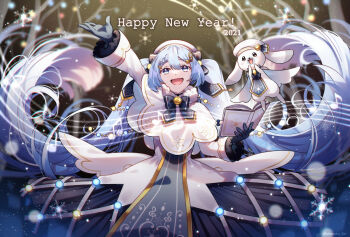 Rule 34 | 1girl, 1other, arm up, bass clef, beamed sixteenth notes, beret, blue bow, blue gloves, blue tabard, blush, book, bow, braid, christmas lights, coat, commentary, eighth note, fortissimo, fur-trimmed coat, fur trim, gloves, gold trim, hair bow, hair ornament, happy new year, hat, hatsune miku, holding, holding book, long hair, looking at viewer, multiple hair bows, musical note, musical note hair ornament, musical staff, nanairo sei, new year, official alternate costume, open mouth, outdoors, quarter note, rabbit, rabbit yukine, sixteenth note, smile, snowflake print, tabard, treble clef, twintails, very long hair, vocaloid, white coat, white hat, yuki miku, yuki miku (2021)