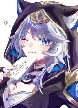 1girl ;p animal_ear_fluff animal_ears animal_hood blue_eyes bow breasts buttons card cat_ears choker cipher_(honkai:_star_rail) cleavage coin fang fingerless_gloves gloves grey_hair hair_bow hashtag-only_commentary highres holding holding_card honkai:_star_rail honkai_(series) hood mole one_eye_closed r_use_o0 skin_fang tongue tongue_out white_streaks yellow_nails