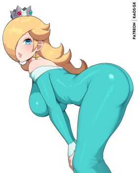 1girl alternate_breast_size_(larger) aqua_dress ass bare_shoulders bent_over blonde_hair blue_eyes blush breasts commentary crown dress earrings from_side hair_over_one_eye hands_on_own_knees hanging_breasts jewelry kaos_art large_breasts long_hair long_sleeves looking_at_viewer mario_(series) nintendo off-shoulder_dress off_shoulder parted_lips rosalina solo star_(symbol) star_earrings tight_clothes tight_dress white_background