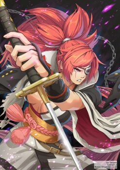 Rule 34 | 1girl, amputee, arm guards, artist name, baiken, belt, belt buckle, bilingual commentary, bluesky username, breasts, brown belt, buckle, cleavage, clenched teeth, commentary, cowboy shot, dargain x, guilty gear, highres, holding, holding sword, holding weapon, japanese clothes, katana, kimono, large breasts, long hair, mixed-language commentary, obijime, ponytail, red eyes, red hair, sash, scar, scar across eye, scar on face, serious, solo, standing, sword, tassel, teeth, twitter username, very long hair, weapon, white kimono, wide sleeves, yellow sash