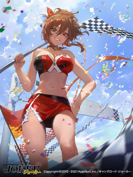 Rule 34 | 1girl, bandeau, bare arms, bare shoulders, black choker, breasts, brown eyes, brown hair, character request, checkered flag, choker, cleavage, collarbone, confetti, crop top, day, flag, from below, furyou michi ~gang road~, gang road joker, grin, hair between eyes, hand on own hip, highres, holding, holding flag, large breasts, long hair, looking at viewer, midriff, miniskirt, modare, navel, official art, outdoors, ponytail, race queen, red bandeau, red skirt, sidelocks, skirt, smile, solo, standing, stomach, strapless, thighs, tube top, two-tone bandeau