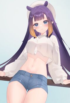 1girl beret blue_eyes blue_shorts breasts commentary cropped_shirt denim denim_shorts gradient_hair hat highres hololive hololive_english medium_breasts multicolored_hair navel ninomae_ina&#039;nis orange_hair purple_hair shirt short_shorts shorts solo stedella_qwq symbol-only_commentary tentacle_hair virtual_youtuber white_shirt