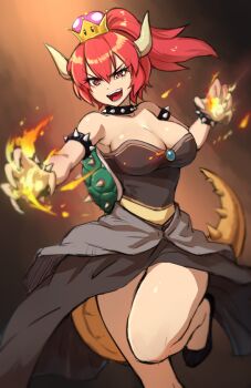 1girl :d armlet bare_shoulders borrowed_character bowsette bracelet breasts brooch claws collar commentary crown english_commentary eyes_visible_through_hair fangs female_focus fire flaming_hand hair_between_eyes horns jewelry large_breasts long_hair mario_(series) maritan_(pixelmaritan) monster_girl nintendo open_mouth ponytail pyrokinesis red_eyes red_hair smile solo spiked_armlet spiked_bracelet spiked_collar spiked_tail spikes super_crown tail teeth turtle_shell v-shaped_eyebrows