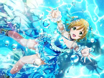 1girl air_bubble beckoning blue_dress breasts bubble cleavage daiba_nana dress frilled_dress frills game_cg green_eyes hair_ornament looking_at_viewer official_art open_mouth orange_hair short_twintails shoujo_kageki_revue_starlight shoujo_kageki_revue_starlight_-re_live- small_breasts solo twintails underwater