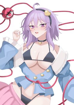 1girl absurdres ahoge black_hairband blue_shirt blush breasts cleavage commentary_request hairband heart highres komeiji_satori large_breasts long_sleeves medium_hair navel open_mouth oshimai pink_hair pink_skirt shirt simple_background skirt solo teeth third_eye touhou upper_teeth_only white_background