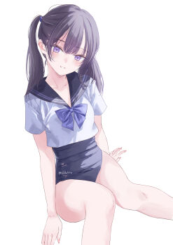 Rule 34 | 1girl, absurdres, black hair, black sailor collar, blue one-piece swimsuit, blush, breasts, collarbone, highres, hondahiro, long hair, looking at viewer, navel, one-piece swimsuit, original, parted lips, purple eyes, sailor collar, school swimsuit, shirt, short sleeves, simple background, small breasts, smile, solo, swimsuit, swimsuit under clothes, twintails, white background, white shirt