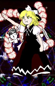 1girl absurdres black_dress black_hat black_shoes blonde_hair blue_archive bow danmaku doodle_sensei_(blue_archive) dress game_screenshot_background hat hat_bow highres nazi puffy_short_sleeves puffy_sleeves ribbon salute screenshot_background sensei_(blue_archive) shirt shoes short_hair short_sleeves smile solo_focus straight-arm_salute swastika touhou touhou_(pc-98) user_tegr7878 white_bow white_shirt yellow_eyes yuki_(touhou)