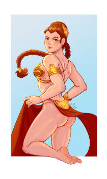 1girl absurdres armlet ass barefoot braid breasts brown_eyes brown_hair feet harem_outfit highres huttslayer_leia jewelry junssockdrawer large_breasts loincloth long_hair looking_at_viewer metal_bikini princess_leia soles star_wars