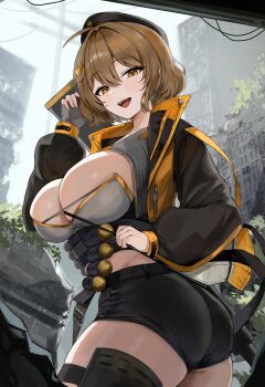 1girl absurdres anis_(nikke) ass beret black_jacket black_shorts breasts brown_hair building cat_hair_ornament commentary fingerless_gloves gloves goddess_of_victory:_nikke grey_gloves gun hair_between_eyes hair_intakes hair_ornament hand_up hat highres jacket large_breasts long_sleeves looking_at_viewer medium_hair open_clothes open_jacket open_mouth orange_jacket ponya_0000 short_shorts shorts smile solo teeth thick_thighs thighs twisted_torso upper_teeth_only weapon zipper
