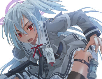 1girl black_corset blue_archive commentary_request corset cropped_jacket dutch_angle explosive flashbang furrowed_brow grenade grey_jacket grey_skirt hair_between_eyes halo head_wings jacket long_hair long_sleeves miniskirt mole mole_under_eye nikulas_cage purple_halo red_eyes school_uniform simple_background single_head_wing skirt solo suzumi_(blue_archive) thigh_strap thighhighs thighs trinity_general_school_logo very_long_hair white_background wings