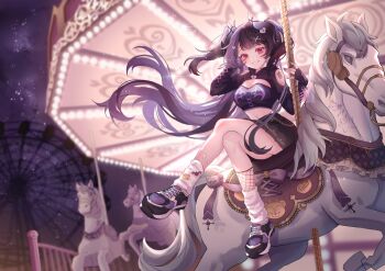 Rule 34 | 1girl, amusement park, auroralive, bandaid, bandaid on leg, black hair, black ribbon, black shirt, black shoes, black skirt, breasts, carousel, cleavage, cleavage cutout, clothing cutout, commentary request, commission, crop top, cropped shirt, crossed legs, demon horns, ferris wheel, full body, gradient horns, hair ornament, heart, heart hair ornament, heart tattoo, highres, horn ornament, horn ribbon, horns, large breasts, loisning, long hair, loose socks, midriff, mole, mole under eye, multicolored hair, multicolored horns, multicolored shoes, navel, night, outdoors, pleated skirt, purple hair, purple shoes, red eyes, ribbon, second-party source, shirt, shoes, shoulder cutout, single fishnet legwear, sitting, skirt, sky, socks, solo, star (sky), starry sky, tattoo, very long hair, virtual youtuber, white shoes, white socks, x hair ornament, yamine neru