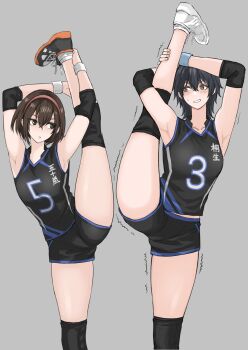 2girls :c absurdres armpits arms_up black_eyes black_footwear black_hair black_shirt black_shorts breasts brown_eyes brown_hair collarbone crossed_bangs elbow_sleeve feet_out_of_frame fuku_(fuku12290574) hair_between_eyes hairband height_difference highres jersey large_breasts leg_up looking_at_another medium_hair multiple_girls open_mouth original raised_eyebrows red_hairband shirt shoes short_hair shorts side-by-side sidelocks sleeveless sleeveless_shirt sneakers split sportswear standing standing_on_one_leg standing_split stretching sweatdrop teeth thick_thighs thighs trembling volleyball_uniform white_footwear wristband