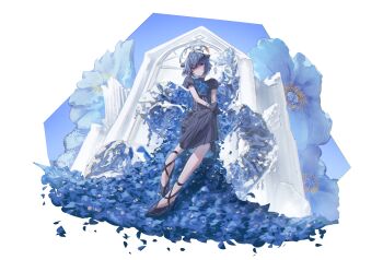 1girl absurdres ankle_strap black_dress black_gloves black_hair black_shoes blue_flower closed_mouth commentary crossed_bangs double-parted_bangs dress dress_flower earrings english_commentary floomf flower full_body gloves hair_between_eyes halo hands_on_own_knees highres hololive hololive_english jewelry long_dress looking_at_viewer meconopsis_(ninomae_ina&#039;nis) mole mole_under_eye ninomae_ina&#039;nis official_alternate_costume pleated_dress pointy_ears puffy_short_sleeves puffy_sleeves shoes short_hair short_sleeves single_earring sitting solo strappy_heels virtual_youtuber