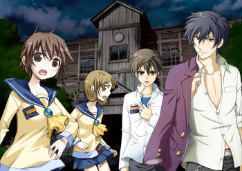 Rule 34 | 2boys, 2girls, artist request, blonde hair, blue eyes, blue hair, brown hair, cloud, collarbone, corpse party, hand on own chest, highres, kizami yuuya, looking at viewer, mochida satoshi, multiple boys, multiple girls, nakashima naomi, open mouth, school, school uniform, shinohara seiko, sidelocks, source request, yellow eyes