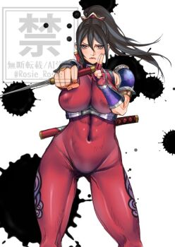 1girl armor black_hair bodysuit breasts brown_eyes covered_erect_nipples covered_navel fingerless_gloves gloves high_ponytail kodachi large_breasts long_hair looking_at_viewer ninja ponytail red_bodysuit rosie_rosie short_sword shoulder_armor skin_tight solo soul_calibur sword taki_(soulcalibur) weapon