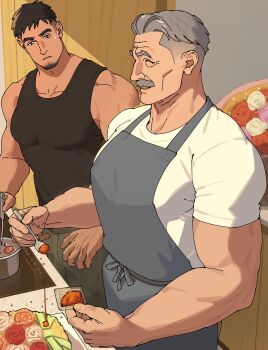 2boys apron bara black_eyes black_hair black_shirt closed_eyes cooking_pot facial_hair food goatee green_pants grey_apron grey_eyes grey_hair highres holding holding_spoon indoors kitchen looking_at_object male_focus mature_male multiple_boys muscular muscular_male mustache old old_man original pants parted_lips sa1k0p shirt short_hair smile spoon sweatdrop tank_top thick_eyebrows white_shirt