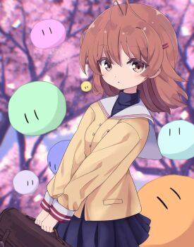 Rule 34 | 1girl, absurdres, antenna hair, bag, blazer, blue skirt, blurry, blurry background, brown eyes, brown hair, buttons, cherry blossoms, clannad, dango daikazoku, furukawa nagisa, hair ornament, hairclip, handbag, highres, hikarizaka private high school uniform, holding, holding bag, jacket, looking at viewer, nakobon, pleated skirt, school uniform, short hair, skirt