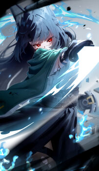 1girl absurdres animal_ears black_gloves black_hair black_skirt commentary_request fingerless_gloves fox_ears fox_girl gloves gradient_background green_jacket grey_background highres holding holding_sword holding_weapon hoshimi_miyabi jacket katana long_hair madai_(mappy) red_eyes skirt solo sword weapon zenless_zone_zero