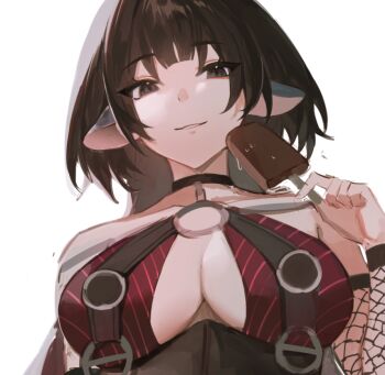 1girl animal_ears black_eyes black_hair black_one-piece_swimsuit breasts commentary food holding holding_food holding_ice_cream ice_cream jane_doe_(nocturne_of_light)_(zenless_zone_zero) jane_doe_(zenless_zone_zero) large_breasts long_hair looking_at_viewer mouse_ears official_alternate_costume one-piece_swimsuit parted_lips simple_background solo swimsuit symbol-only_commentary tomodurien upper_body white_background zenless_zone_zero