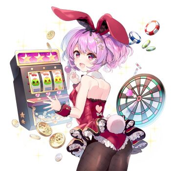 1girl animal_ear_hairband animal_ears back brown_pantyhose coin collar commentary_request dart fake_animal_ears fishnet_pantyhose fishnets flat_chest frilled_skirt frills gold_coin hair_ornament hairband hairclip leotard mayachi_(amuriya) melo_(uchihime) pantyhose playboy_bunny purple_hair rabbit_ear_hairband rabbit_ears rabbit_tail red_eyes red_leotard short_hair short_twintails silver_coin skirt slot_machine tail twintails uchi_no_hime-sama_ga_ichiban_kawaii white_collar