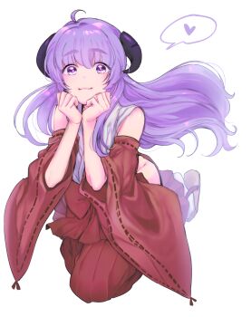 1girl :3 absurdres ahoge closed_mouth clothing_cutout detached_sleeves floating floating_hair full_body hakama hakama_pants hakama_skirt hanyuu heart highres higurashi_no_naku_koro_ni hip_vent horns japanese_clothes kimono long_hair long_sleeves looking_at_viewer miko pants purple_eyes purple_hair red_hakama red_sleeves ribbon-trimmed_sleeves ribbon_trim sandals simple_background skirt sleeveless sleeveless_kimono smile solo spoken_heart tabi takenaka_yukari very_long_hair white_background wide_sleeves