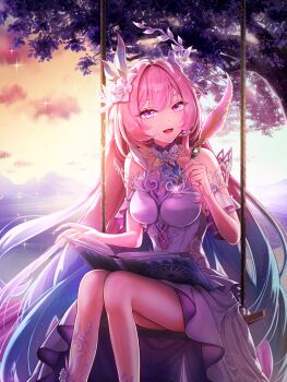 1girl absurdres aqua_hair bare_shoulders book breasts commentary_request cyrene_(demiurge)_(honkai:_star_rail) cyrene_(honkai:_star_rail) diamond-shaped_pupils diamond_(shape) dress highres holding holding_quill honkai:_star_rail honkai_(series) large_breasts long_hair looking_at_viewer multicolored_hair on_swing open_book pink_hair purple_eyes quill sky smile solo swing symbol-shaped_pupils tbtrasuka tree very_long_hair white_dress white_hair