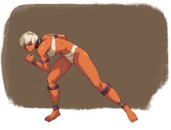 1girl anklet armlet barefoot bikini blue_eyes bracelet capoeira dark-skinned_female dark_skin elena_(street_fighter) female_focus full_body jewelry leaning_forward neck_ring short_hair silver_hair smile solo street_fighter street_fighter_iii_(series) swimsuit vins-mousseux white_bikini