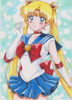 1girl absurdres bishoujo_senshi_sailor_moon blonde_hair blue_eyes blue_sailor_collar bow chikoto_(kztc4472) choker collarbone commentary double_bun earrings elbow_gloves gloves hair_bun hair_ornament highres jewelry long_hair looking_at_viewer red_choker sailor_collar sailor_moon sailor_senshi_uniform skirt smile solo star_(symbol) star_earrings transformation_brooch_(sailor_moon) tsukino_usagi twintails white_gloves