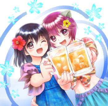 2girls alcohol beer beer_mug blue_dress blue_skirt cup dress elfen_lied flower flower_hairclip hair_between_eyes hair_flower hair_ornament hairclip hibiscus highres horns ice ice_cube jewelry long_sleeves mayu_(elfen_lied) mug multiple_girls nana_(elfen_lied) navel one_eye_closed open_mouth pink_hair red_flower ring seashell shell shirt skirt striped_clothes striped_shirt tied_shirt yutaka_dao
