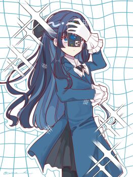 1girl ado_(utaite) adorozatorumary blue_coat blue_eyes blue_hair blush cellphone chando_(ado) closed_mouth coat commentary cotha_do gloves half_updo highres holding holding_phone long_hair mole mole_under_eye phone romaji_commentary round_one sanrio selfie smartphone solo utaite white_gloves