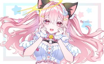 1girl animal_ear_fluff animal_ears arrow_(projectile) arrow_hair_ornament bell blush bow breasts cat_ears cat_girl center_frills commentary_request commission crossed_bangs double-parted_bangs dress frills hair_between_eyes hair_ornament halo hands_on_own_cheeks hands_on_own_face hands_up heart heart_arrow heart_in_eye highres indie_virtual_youtuber inset_border jingle_bell large_breasts long_hair looking_at_viewer neck_bell open_mouth pink_bow pink_eyes pink_hair signature skeb_commission solo star_(symbol) super_eneko symbol_in_eye upper_body virtual_youtuber white_dress xxcaaan yellow_halo