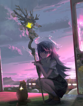 1girl absurdres black_hair boots cat closed_mouth cloud cloudy_sky gloves graffiti highres holding holding_staff long_hair low_detail magic magical_girl meteor meteor_shower original purple_eyes purple_sky red_gloves scenery school_uniform sheep sitting skirt sky socks solo squatting staff star_(symbol) star_print thick_eyelashes train user_pzsm2833 water_halo white_socks wooden_staff