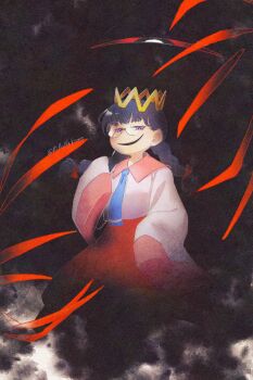 1girl absurdres artist_name black_hair braid crown glasses highres kirby_(series) kirby_64 long_hair looking_at_viewer low_twin_braids mizusuibo nintendo one-eyed purple_eyes red_eyes ripple_star_queen sleeves_past_fingers sleeves_past_wrists smile twin_braids zero_two_(kirby)