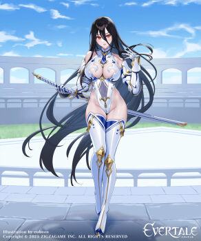1girl absurdres artist_name bare_shoulders black_hair boots breasts character_request cleavage cloud copyright_name copyright_notice cuboon evertale gloves hair_between_eyes highres holding holding_sword holding_weapon leotard long_hair red_eyes sky solo sword thigh_boots weapon white_boots white_gloves white_leotard