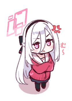 1girl :< anger_vein black_bow black_pantyhose black_shoes black_skirt blue_archive blush bow cardigan chibi chibi_only closed_mouth commentary_request crossed_arms double-parted_bangs full_body hair_between_eyes hair_bow halo jaggy_lines kei_(blue_archive) kei_(new_body)_(blue_archive) long_hair long_hair_between_eyes long_sleeves looking_at_viewer pantyhose pink_eyes pink_halo rectangular_halo red_cardigan shoes simple_background skirt solo standing transparent_background v-shaped_eyebrows very_long_hair white_hair yoru_nai