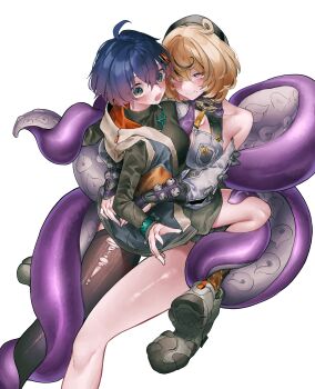 2girls absurdres ahoge bare_shoulders belle_(zenless_zone_zero) beret black_hat black_shirt blonde_hair blue_hair blush bracelet breast_press breasts button_gap cleavage closed_mouth collarbone commentary_request cowlick crossed_bangs detached_sleeves green_eyes hair_between_eyes hair_ornament hat highres hood hug jewelry large_breasts letter_hair_ornament looking_at_another looking_back mole mole_under_mouth monster_girl multiple_girls necklace open_mouth purple_eyes scylla shirt short_hair simple_background single_thighhigh sitting sitting_on_person sleeveless sleeveless_jacket smile suction_cups tentacle_girl tentacle_tail tentacles thighhighs torn_clothes torn_thighhighs vivo_(vivo_sun_0222) white_shirt white_sleeves yidhari_murphy yuri zenless_zone_zero