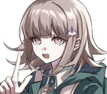1girl brown_hair collared_shirt commentary danganronpa_(series) danganronpa_2:_goodbye_despair flipped_hair green_jacket hair_ornament hood hood_down hooded_jacket index_finger_raised jacket medium_hair nanami_chiaki neck_ribbon open_mouth portrait red_eyes red_ribbon ribbon rishaku_(user_cuwx8758) shirt simple_background solo teeth upper_teeth_only white_background white_shirt