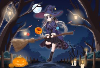 Rule 34 | 1girl, alternate costume, alternate hairstyle, animal, animal on shoulder, bare tree, black boots, black capelet, black cat, black dress, black hat, black skirt, blue eyes, blush, boots, broom, candle, candlelight, candy, capelet, cat, cat on shoulder, chinese commentary, commentary request, dress, eyes visible through hair, food, fuchuangzi summerwind, full body, full moon, grey hair, hair between eyes, hair ornament, hair ribbon, halloween, halloween bucket, halloween costume, hat, hat ornament, highres, holding, holding broom, jack-o'-lantern, lantern, lollipop, long hair, long sleeves, looking at viewer, low twintails, moon, night, night sky, open mouth, outdoors, pink ribbon, pixel art, pleated skirt, ribbon, senren banka, signature, skirt, sky, solo, standing, standing on one leg, star (symbol), star hair ornament, star hat ornament, tomotake yoshino, tree, twintails, very long hair, wide sleeves, witch, witch hat