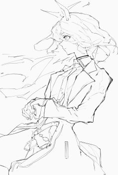 Rule 34 | 1girl, absurdres, ahoge, animal ears, belt, breasts, closed mouth, coat, collared shirt, commentary request, floating hair, gloves, greyscale, hair between eyes, highres, horse ears, horse girl, horse tail, light smile, long hair, long hair between eyes, long sleeves, manhattan cafe (umamusume), monochrome, necktie, open clothes, open coat, ringring (artist), shirt, simple background, sketch, small breasts, solo, tail, umamusume, very long hair, white background