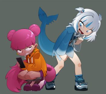 2girls bleedman blue_eyes blue_hair cigarette clenched_teeth commentary cross cross_earrings daram_(ramdaram) double_bun earrings english_commentary fins fish_tail gawr_gura grey_background grey_hair hair_bun hair_ornament highres hololive hololive_english hood hoodie inverted_cross_earrings jewelry multiple_girls orange_hoodie pink_eyes pink_hair purple_shorts shark_hair_ornament shark_tail sharp_teeth shoes shorts smoking sneakers squatting tail teeth two_side_up underfity_friends v-shaped_eyebrows virtual_youtuber