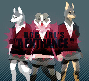 3girls animal_hands black_eyes black_fur black_sweater blurry blurry_background body_fur border_collie brown_fur commentary_request dobermann dog_girl english_text feet_out_of_frame furry furry_female grey_fur grey_skirt husky looking_at_viewer multiple_girls nagabe original school_uniform shirt skirt standing sweater tail white_fur white_shirt