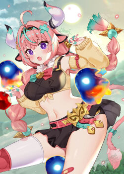 1girl :o ahoge animal_ears apple bandaid bandaid_on_leg bitten_apple braid breasts cow_ears cow_horns cow_tail detached_sleeves ear_bell food food_bite fruit genshin_impact horns large_breasts long_hair midriff miniskirt monetoo_(genshin_impact) naomi_(fantasia) navel pink_hair purple_eyes signature single_thighhigh skirt sun tail thighhighs twin_braids varesa_(genshin_impact)