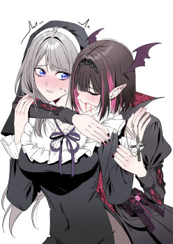 2girls absurdres biting black_dress black_hair black_nails blood_on_shoulder blush closed_eyes commentary_request cross cross_necklace dress ear_piercing grey_hair head_wings highres hood hood_up jewelry jovei long_hair multiple_girls neck_biting necklace nun piercing pink_streaks pointy_ears saotome_shino_(shino_to_ren) shino_to_ren shirayuki_ren simple_background vampire white_background wings yuri