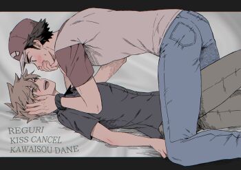 2boys baseball_cap black_shirt blue_oak blue_pants blush brown_eyes brown_hair brown_pants buttons collared_shirt commentary covering_another's_mouth denim hand_on_another's_face hand_over_another's_mouth hat highres jeans kneeling lying male_focus multiple_boys nintendo on_back open_mouth pants pk_rgr96 pokemon pokemon_sm raglan_sleeves red_(pokemon) red_hat romaji_text shirt short_hair short_sleeves smile t-shirt teeth upper_teeth_only yaoi