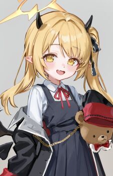 1girl absurdres black_dress black_horns black_jacket black_ribbon blonde_hair blue_archive chain demon_horns dress ellell915 fang gold_chain halo highres holding holding_stuffed_toy horns ibuki_(blue_archive) jacket off_shoulder red_ribbon ribbon shirt solo stuffed_animal stuffed_toy white_shirt yellow_eyes yellow_halo