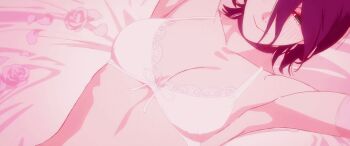 2girls animated animated_gif anime_screenshot blue_hair blush bow bow_bra bra braid braided_ponytail chainsaw_man elbow_gloves flower frilled_bra frills garter_belt gloves green_eyes hair_between_eyes lingerie lips long_hair lying makima_(chainsaw_man) multiple_girls navel on_back on_bed panties petals pink_gloves red_hair reze_(chainsaw_man) ringed_eyes rose_petals shoes short_hair teeth thighhighs underwear underwear_only white_bra white_garter_belt white_lingere white_panties white_thighhighs yellow_eyes