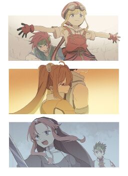 Rule 34 | 3boys, 3girls, absurdres, agate crosner, border, closed mouth, commentary request, eiyuu densetsu, estelle bright, floating hair, gloves, goggles, goggles on head, green hair, green headband, grey eyes, hat, headband, helmet, highres, hug, hug from behind, joshua bright, kevin graham, long hair, low-tied long hair, macha (macha3635toa), multiple boys, multiple girls, nun, open mouth, orange hair, outside border, outstretched arms, overalls, pilot helmet, pink hair, red eyes, red gloves, red hair, red hat, red overalls, ries argent, scene reference, sora no kiseki, spiked hair, spoilers, sweatdrop, tearing up, teeth, tita russell, twintails, upper teeth only, v-shaped eyebrows, veil, white border, wide-eyed