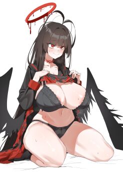 1girl absurdres areola_slip black_bra black_hair black_panties black_wings blue_archive blush bra breasts clothes_lift halo highres large_breasts long_hair long_sleeves navel panties plentyofempty red_eyes red_halo simple_background solo thighs tsurugi_(blue_archive) underwear white_background wings