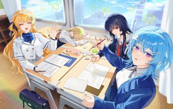 Rule 34 | 4girls, absurdres, aete, alternate costume, black choker, black hair, black jacket, blonde hair, blue hair, blue jacket, breasts, chisa (wuthering waves), choker, classroom, colored eyelashes, commentary, desk, english commentary, hair between eyes, hair ornament, hairband, highres, holding, holding pencil, indoors, jacket, long hair, looking at viewer, lynae (wuthering waves), medium breasts, multiple girls, parted lips, pencil, phoebe (wuthering waves), purple eyes, red eyes, sailor collar, school desk, shirt, shorekeeper (wuthering waves), skirt, sleeping, studying, waving, white hairband, white jacket, white sailor collar, white shirt, white skirt, wuthering waves, x hair ornament